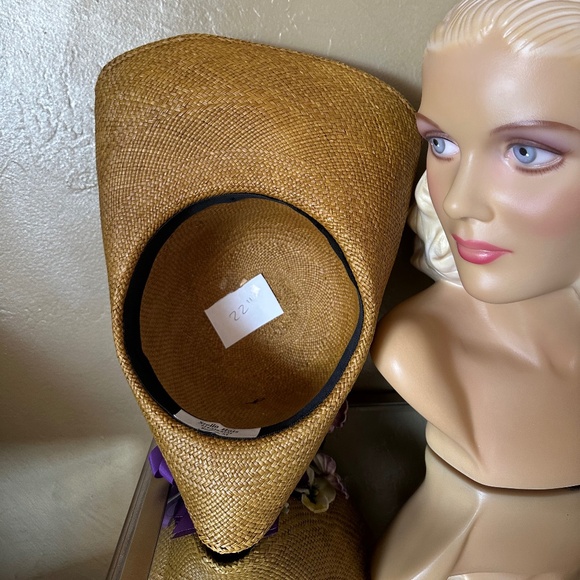 TANTALIZING GOLD STRAW HAT WITH FOLDED WIDE BRIM + FABRIC PURPLE FLOWERS main image 2